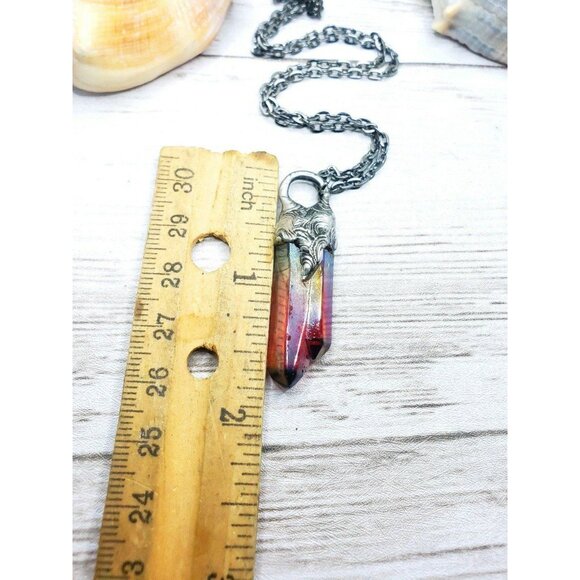 Red aura quartz crystal necklace handmade gothic fantasy metalwork jewelry - Picture 11 of 11